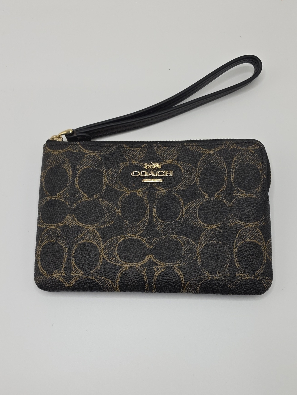 Coach Black Signature Canvas Wristlet with Gold Logo